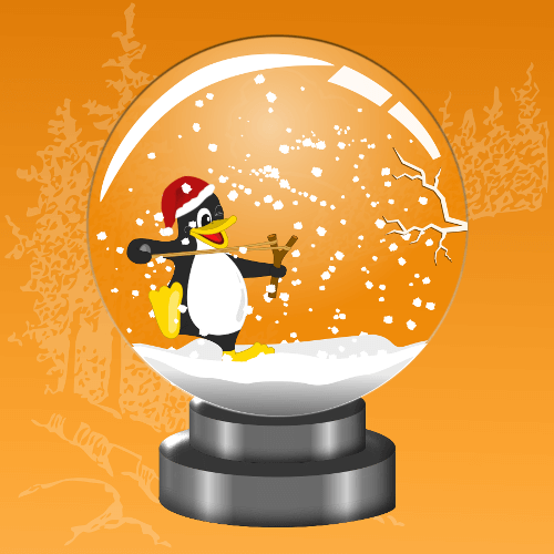 Tux mit Weihnachtsmütze in der Schneekugel