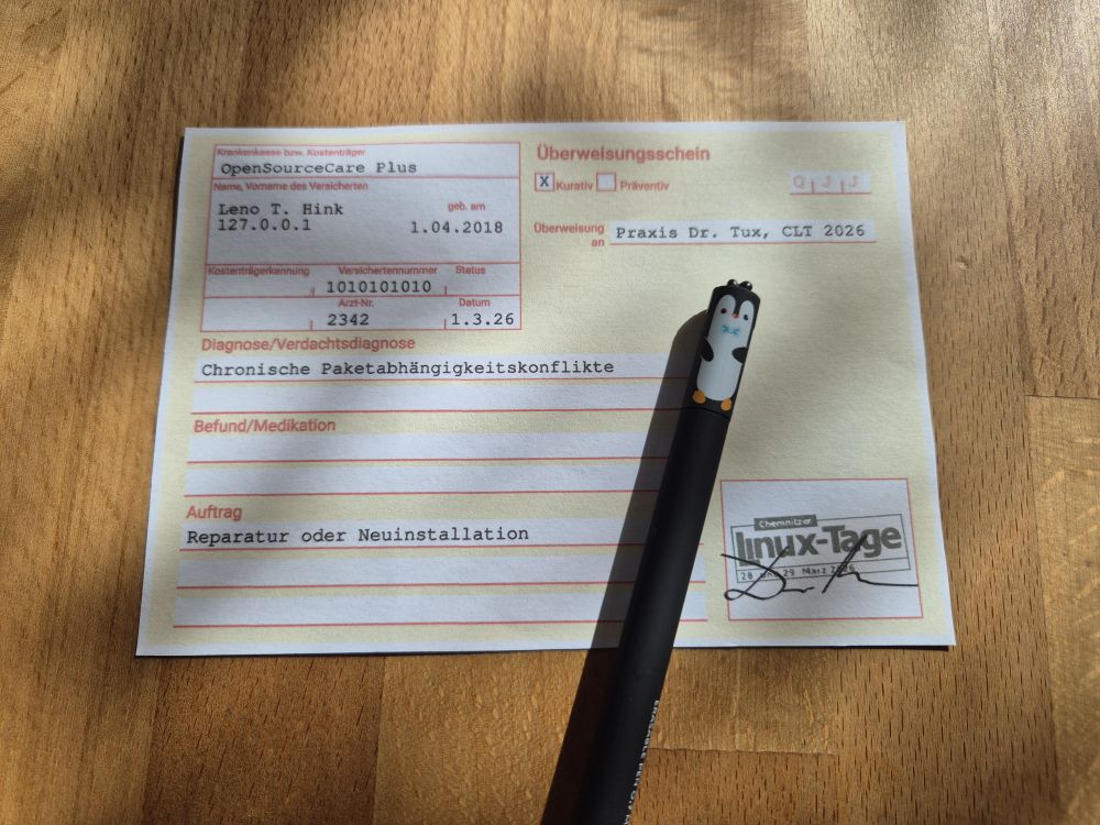Überweisungsschein für die Praxis Dr. Tux